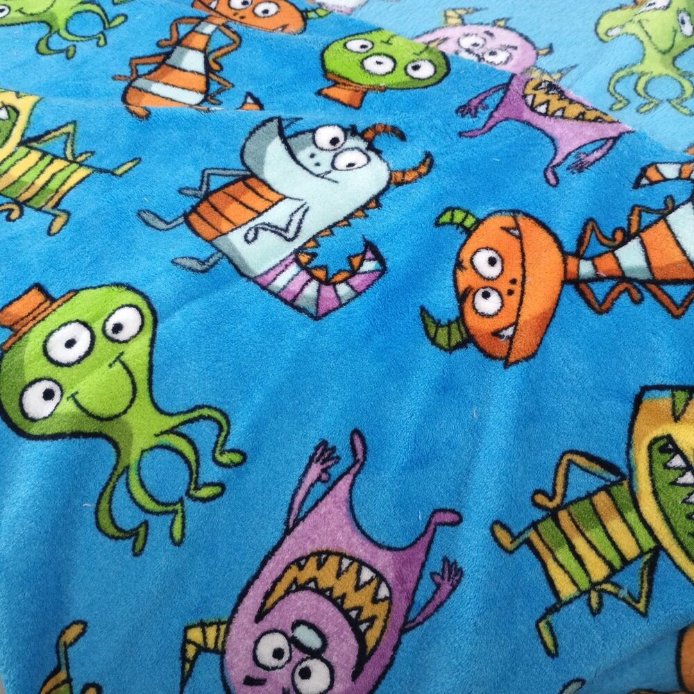 Silly Monsters Fleece Fabric Remnant Blue 1 Yard x 30" Kids Cartoon Print